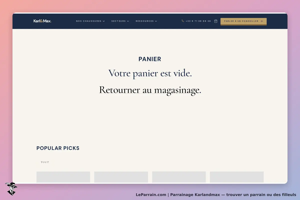 Karlandmax : karl & Max : écran indiquant un panier vide avec un lien pour retourner au magasinage