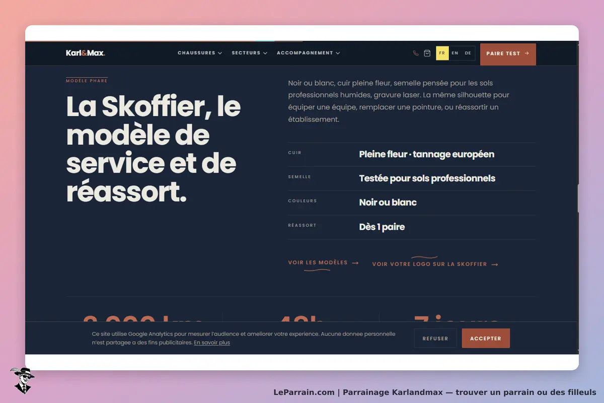 Karlandmax : page d'accueil présentant le modèle Skoffier et ses caractéristiques techniques