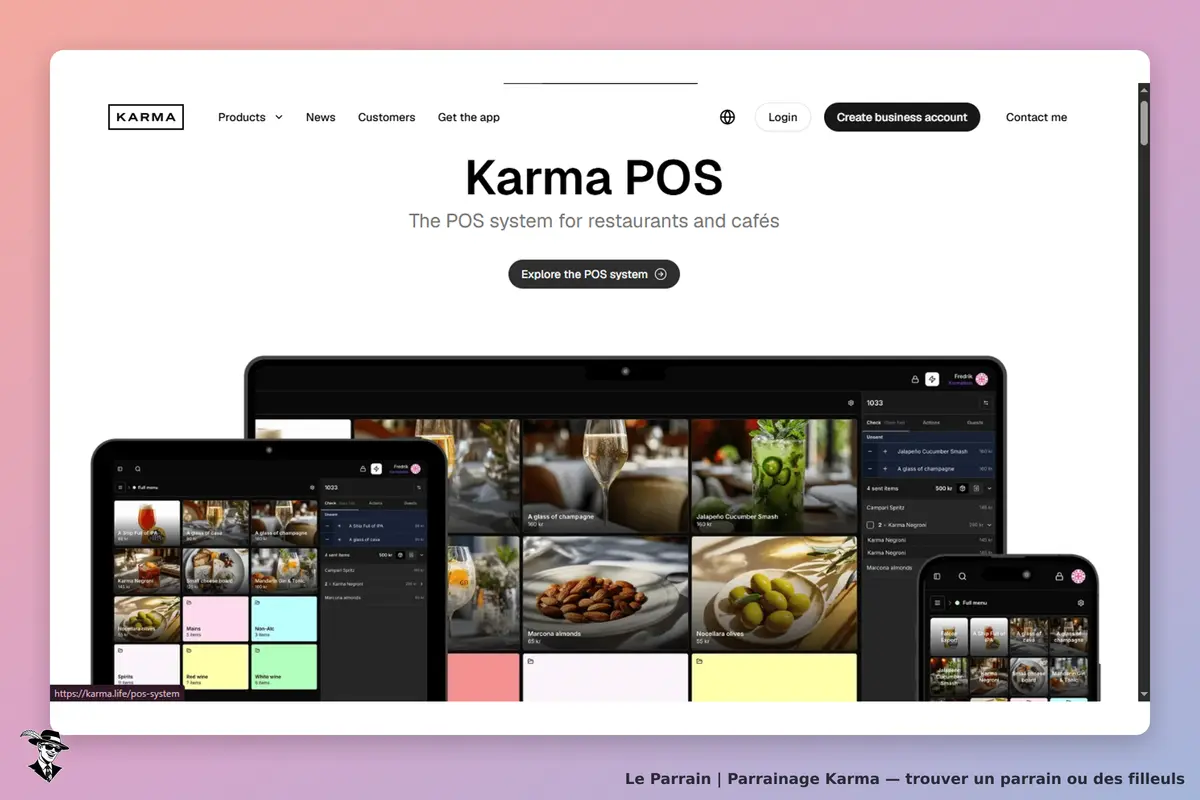 KARMA : page d'accueil présentant le système de caisse avec plusieurs appareils affichant des menus