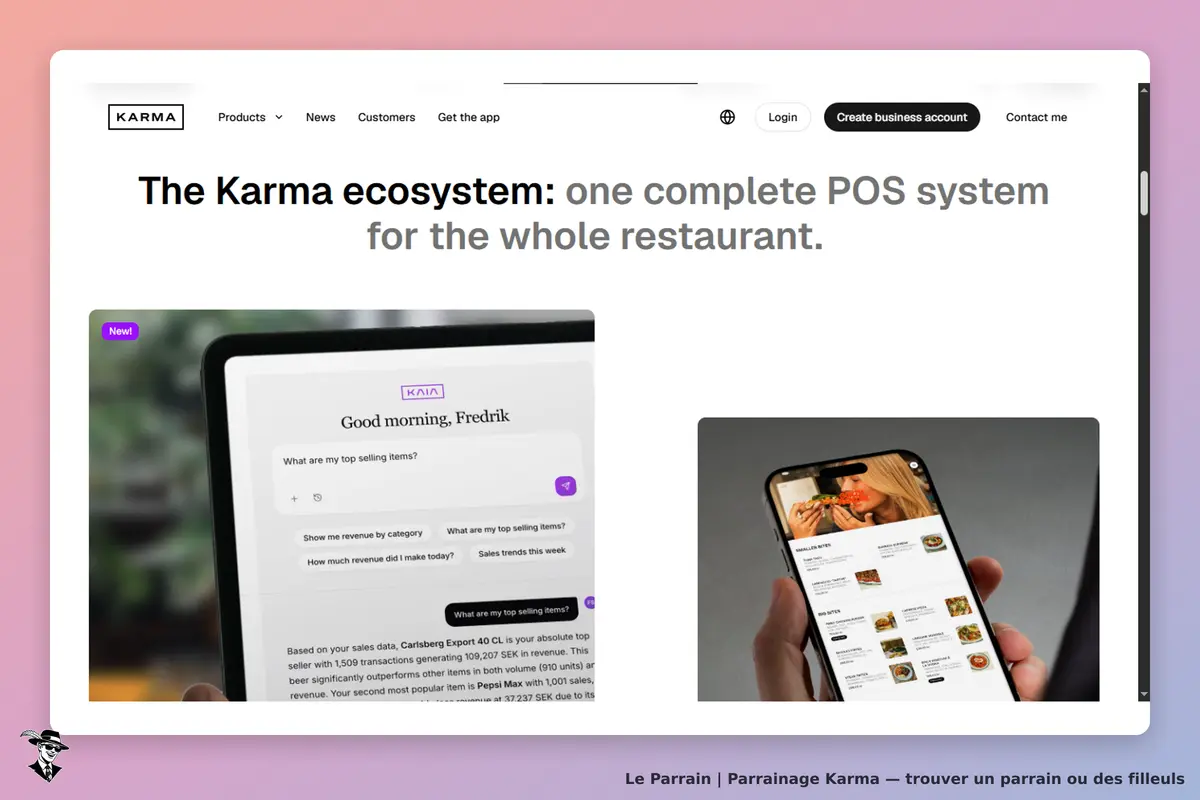 KARMA : page d'accueil présentant un système de caisse et des aperçus d'applications mobiles