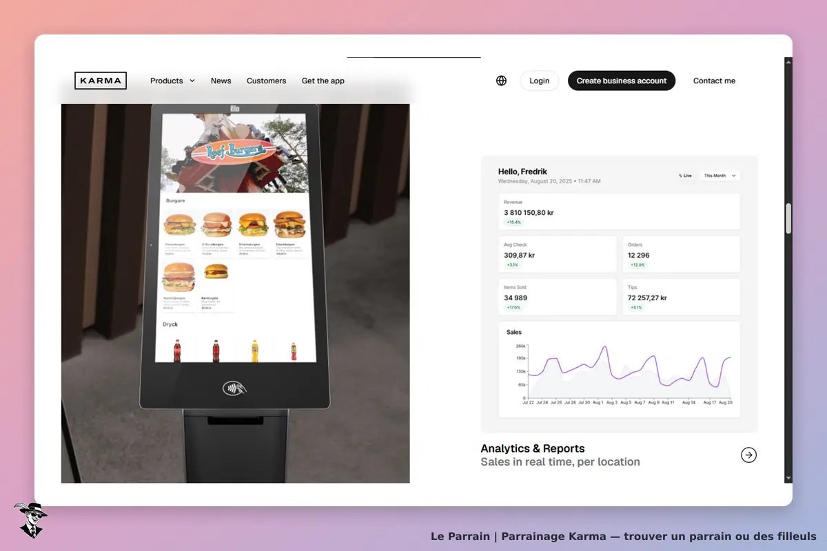 KARMA : écran de commande avec burgers et boissons, statistiques de ventes à droite