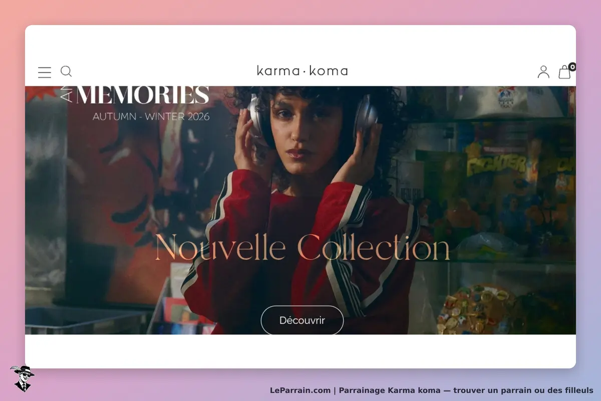 Karma koma : page d'accueil avec une modèle portant des écouteurs et une annonce de nouvelle
