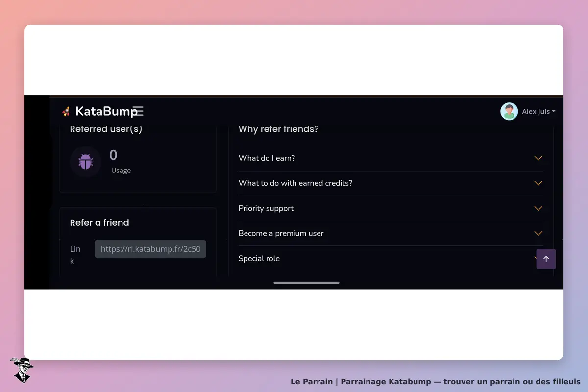 Katabump : tableau de bord avec utilisateurs référés, lien de parrainage et sections d'aide