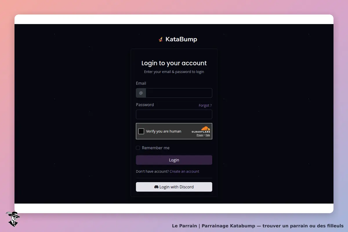 Katabump : écran de connexion avec champs pour email et mot de passe, vérification humaine