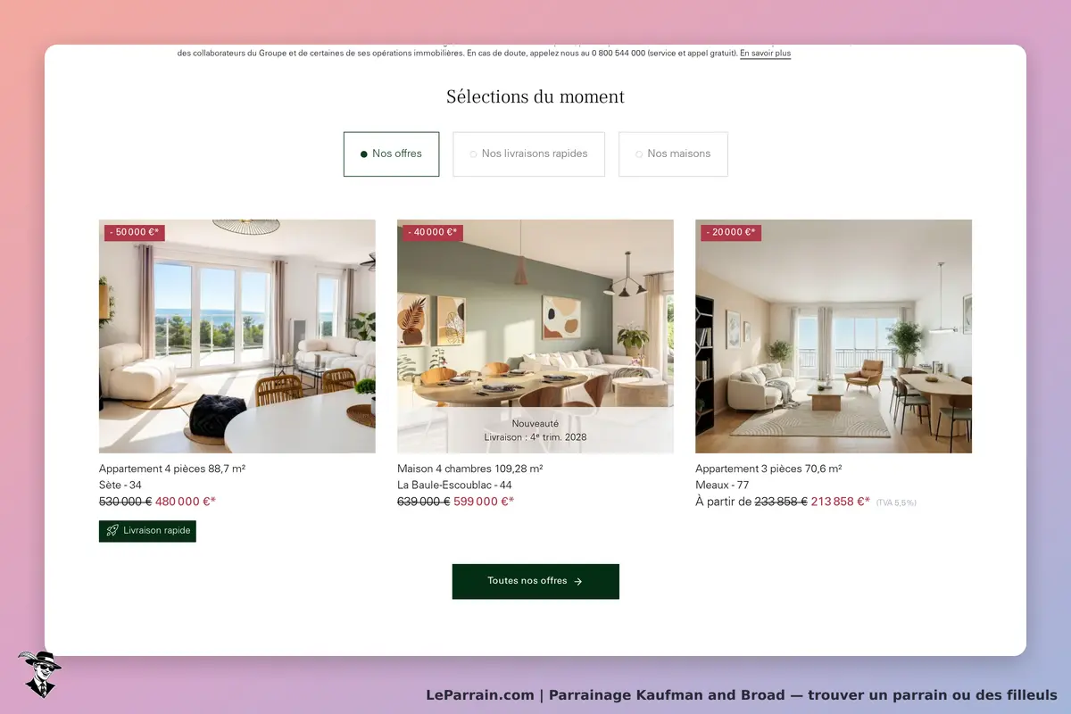 Kaufman and Broad : sélection de biens immobiliers avec photos et caractéristiques affichées