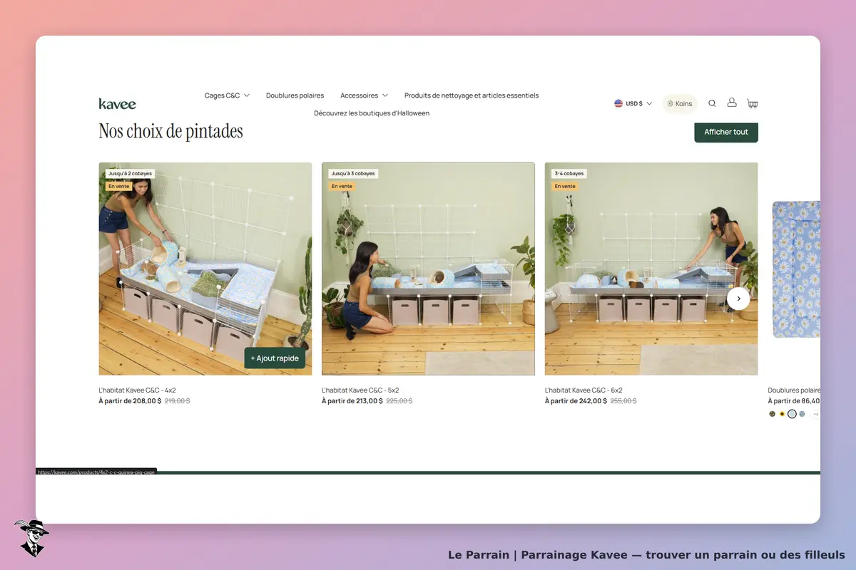 Kavee : page d'accueil avec choix de cages pour cobayes et images de produits affichés