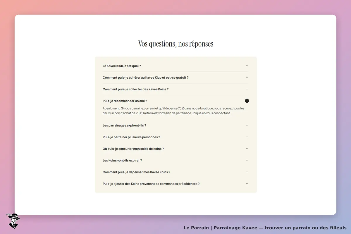 Kavee : section FAQ avec des questions sur le Kavee Klub et les Kavee Koins
