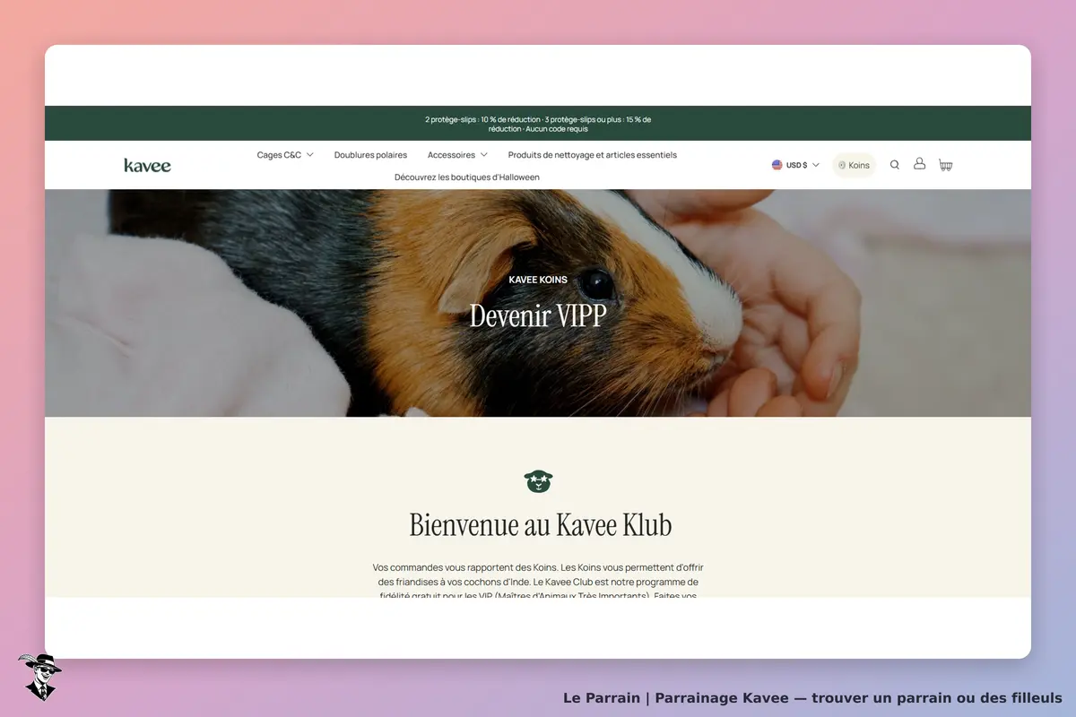 Kavee : une main tient un cochon d'Inde sur la page d'accueil avec des textes d'accueil
