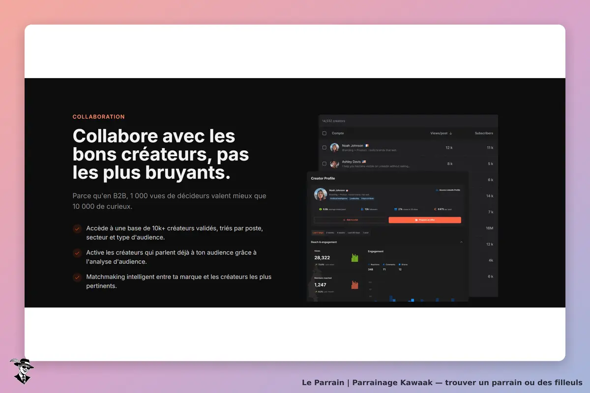 Kawaak : page d'accueil présentant des créateurs et des statistiques de collaboration
