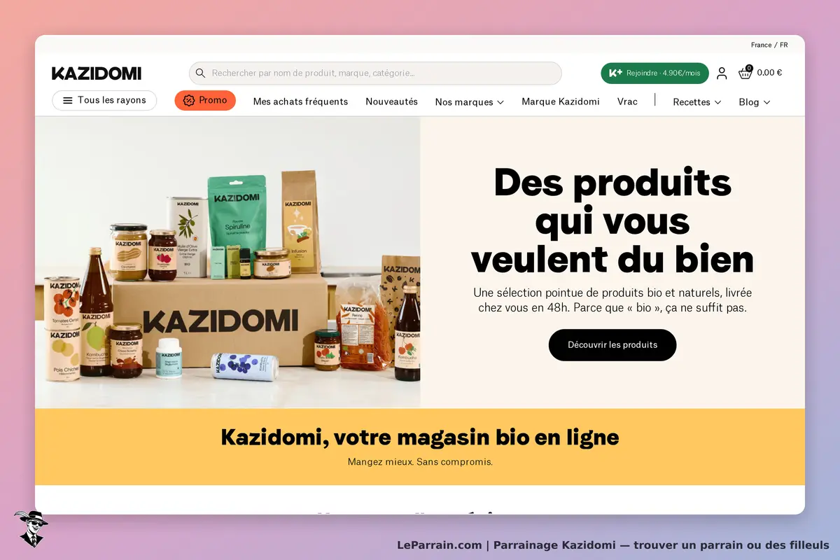 Kazidomi : page d'accueil avec divers produits bio et un message d'accueil sur la santé