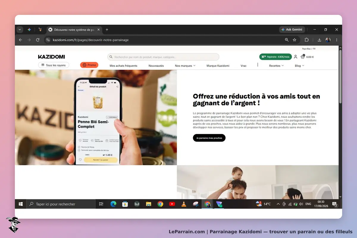 Kazidomi : page d'accueil avec un produit affiché sur un smartphone et un texte de parrainage