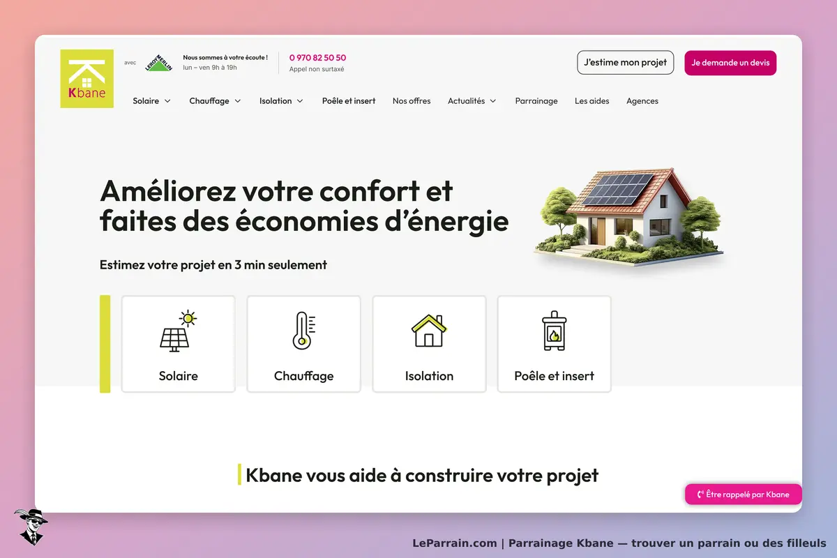 Kbane : page d'accueil avec options pour estimer des projets d'énergie et image d'une maison