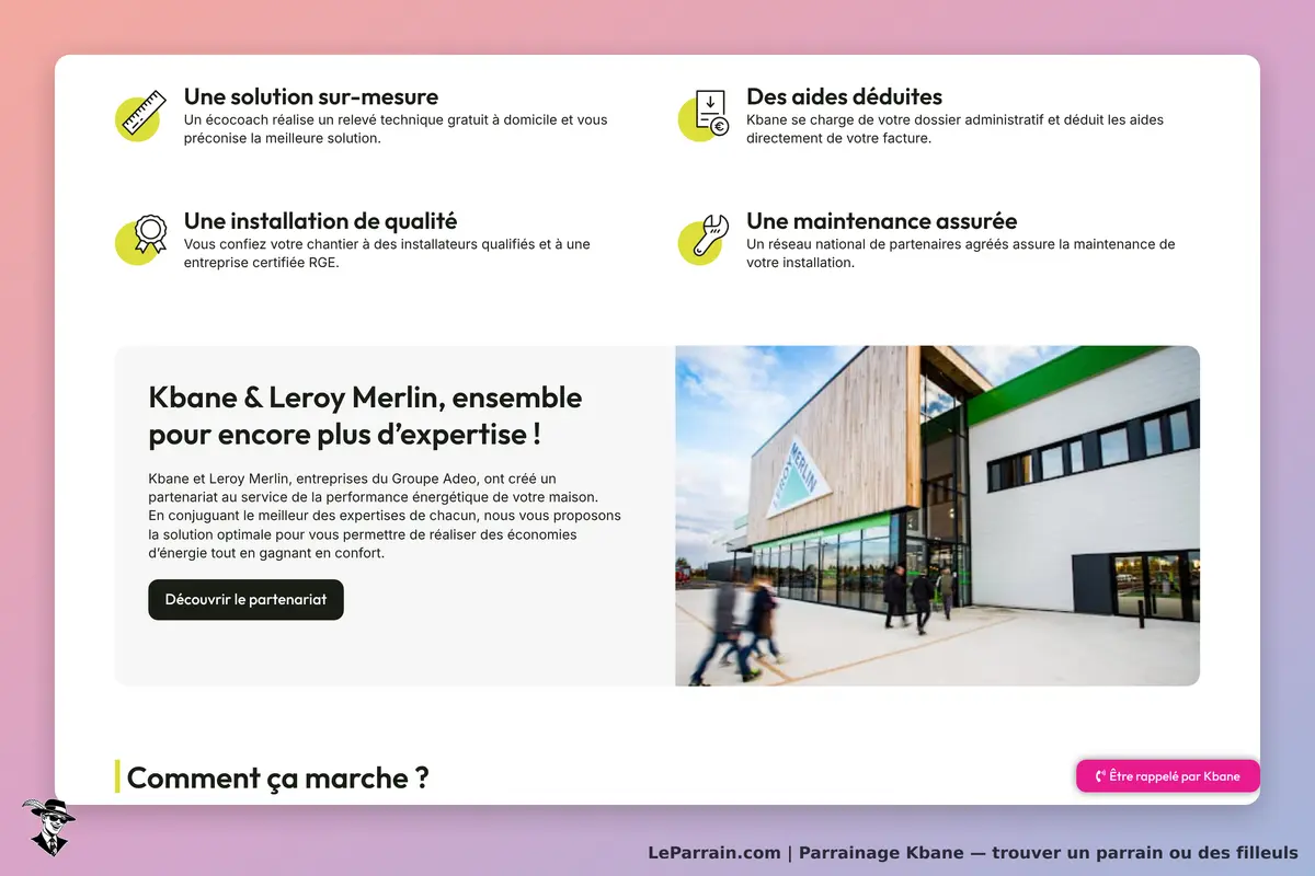 Kbane : présentation des services avec un bâtiment Leroy Merlin en arrière-plan