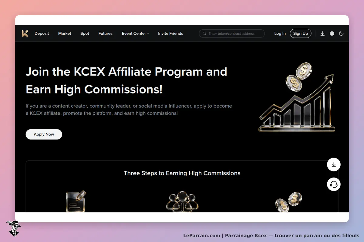 Kcex : page d'accueil présentant le programme d'affiliation et un bouton "Apply Now"