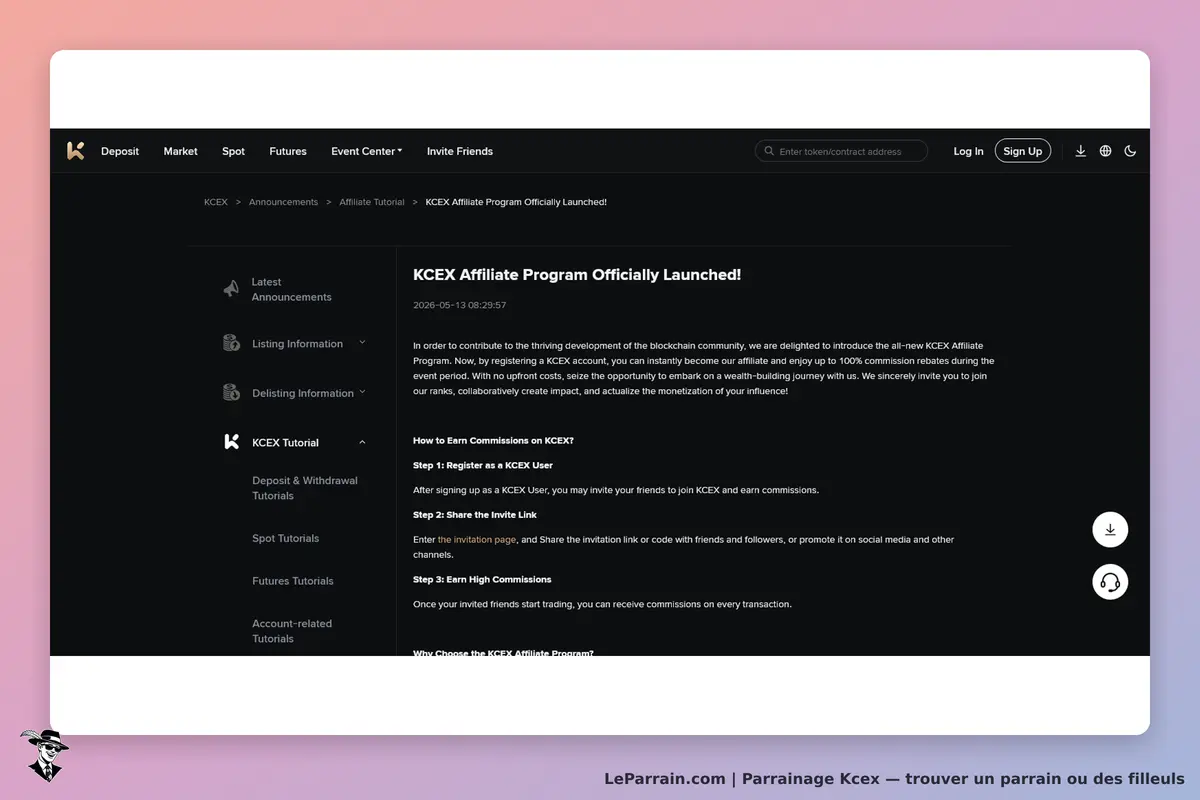 Kcex : page d'accueil présentant le programme d'affiliation avec étapes et informations