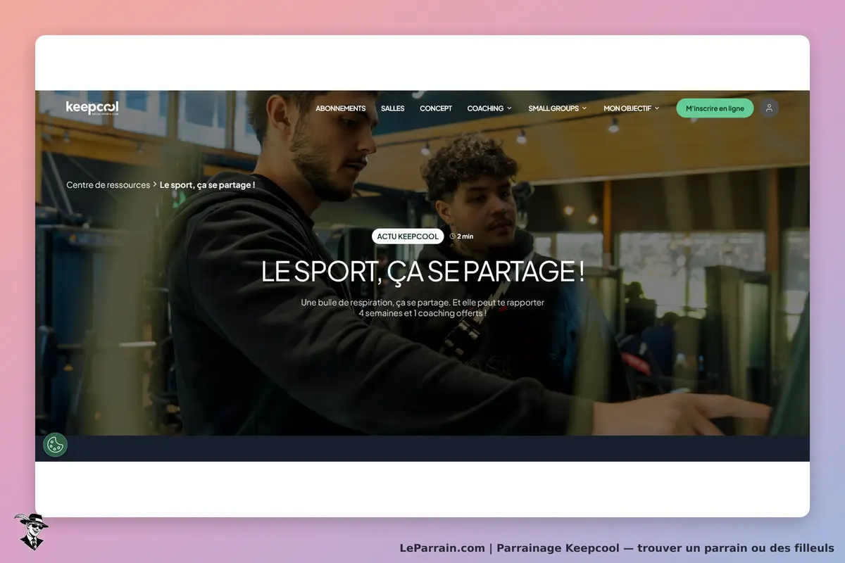 Keepcool : page d'accueil avec deux hommes interagissant autour d'un équipement de fitness