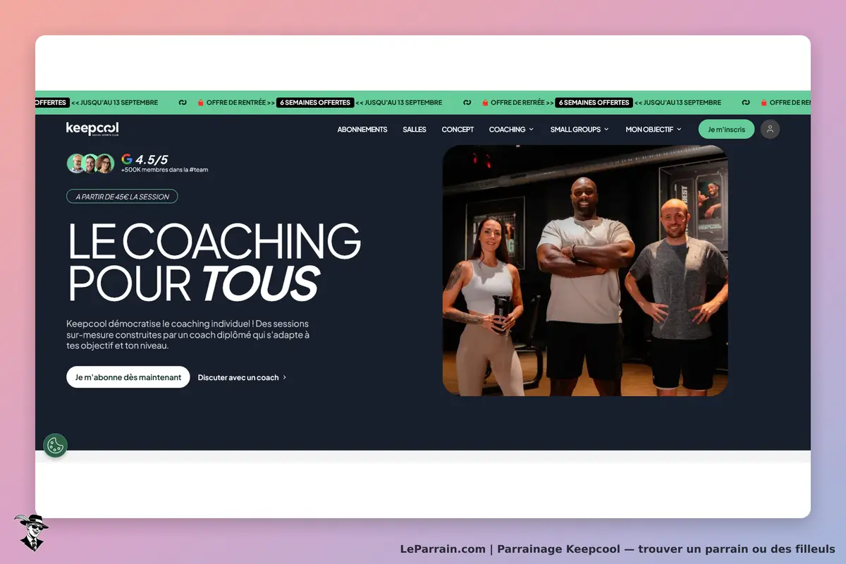 Keepcool : page d'accueil mettant en avant le coaching personnalisé avec des coachs et membres
