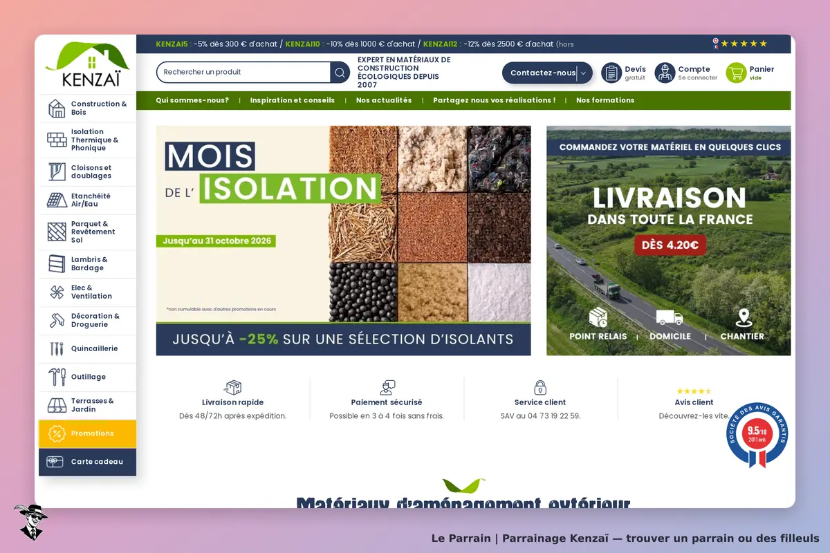 Kenzaï : page d'accueil avec promotions sur l'isolation et options de livraison en France