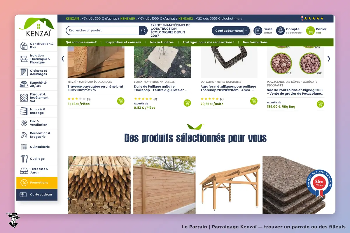 Kenzaï : page d'accueil avec produits en bois et matériaux écologiques sélectionnés