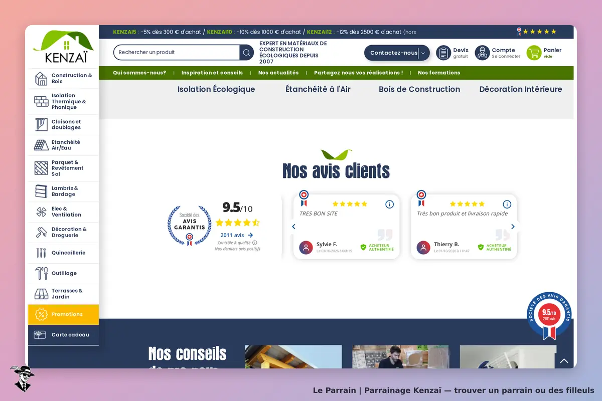Kenzaï : page d'accueil affichant des avis clients et des catégories de produits écologiques