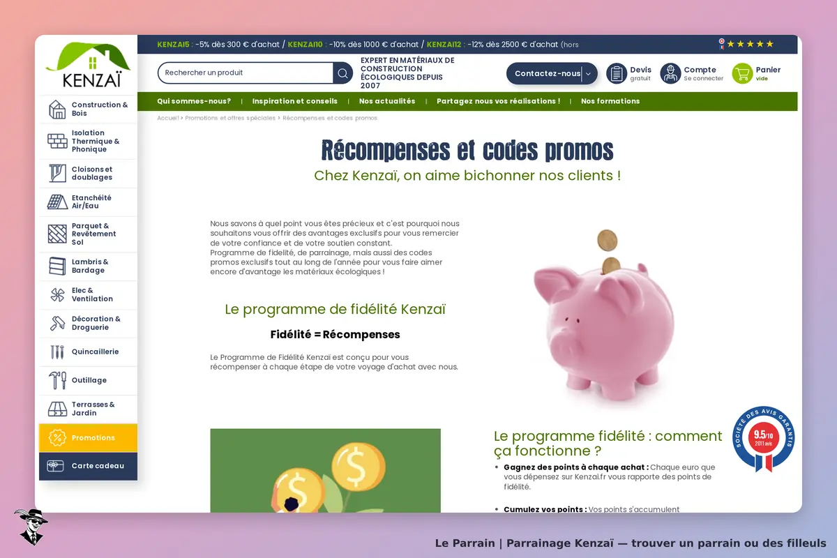 Kenzaï : kenzai : page présentant le programme de fidélité avec un cochon tirelire et des pièces