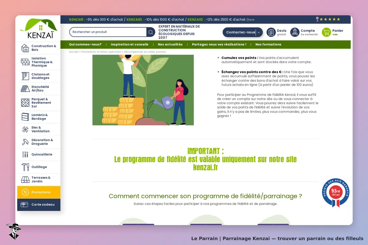 Kenzaï : page d'accueil avec informations sur le programme de fidélité et illustration colorée