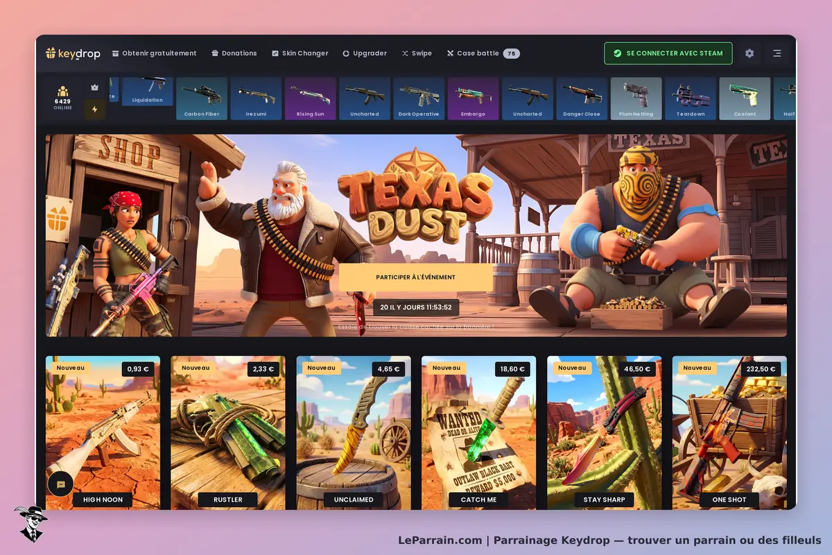 Keydrop : page d'accueil avec personnages, événements et produits affichés en bas