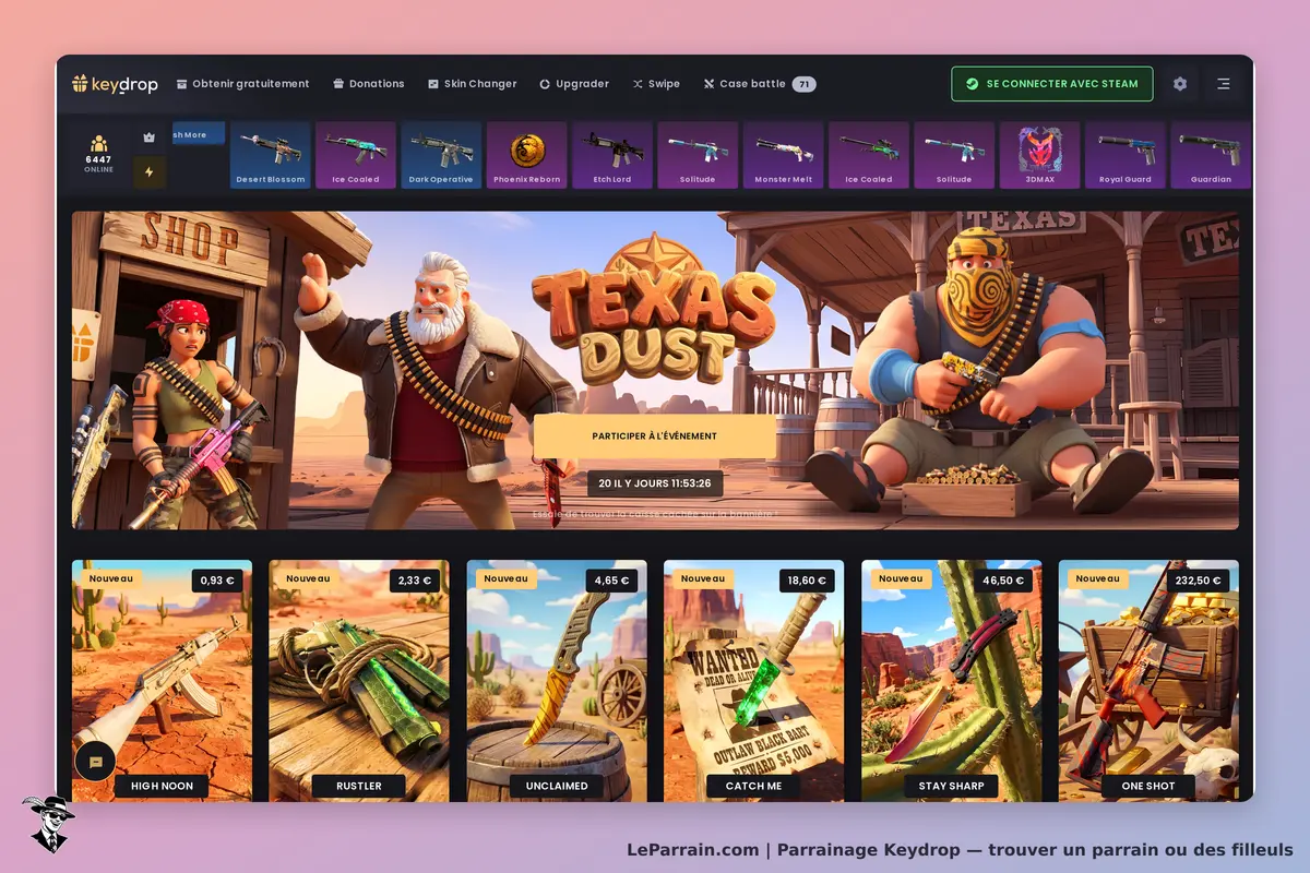 Keydrop : page d'accueil avec personnages et produits affichés en style western. Événement Texas