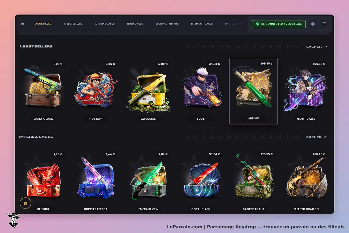Keydrop : affichage des meilleures caisses et caisses impériales sur la page d'accueil