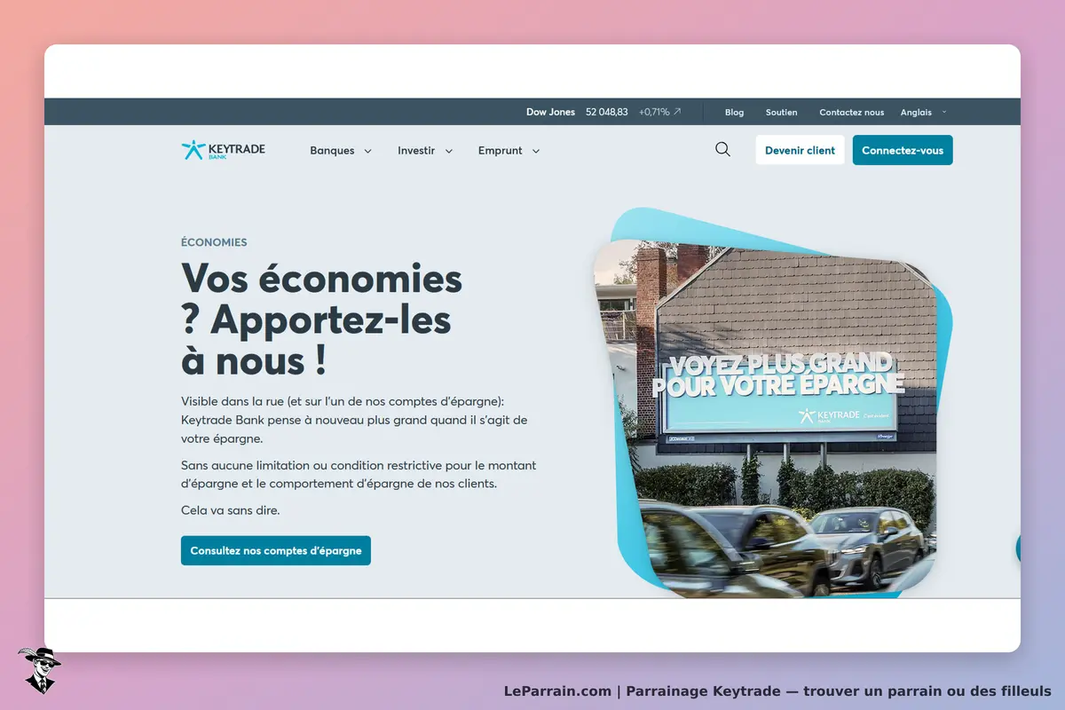 Keytrade : page d'accueil avec message sur l'épargne et une image d'affichage extérieur