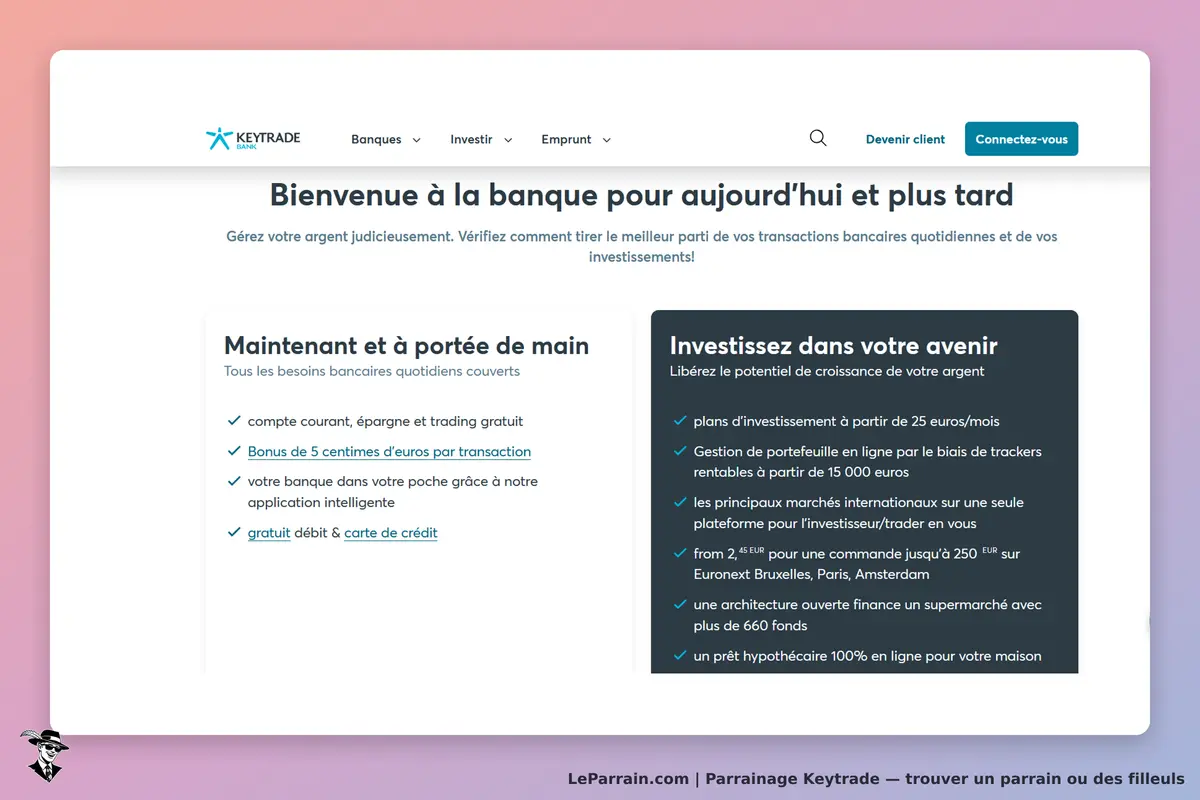 Keytrade : page d'accueil présentant des services bancaires et d'investissement