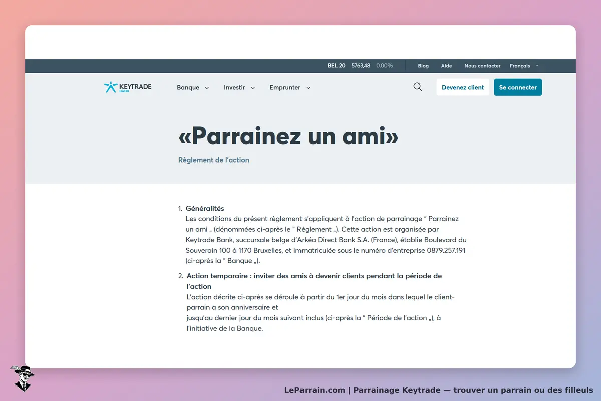 Keytrade : règlement de l'action "Parrainez un ami" avec des conditions détaillées