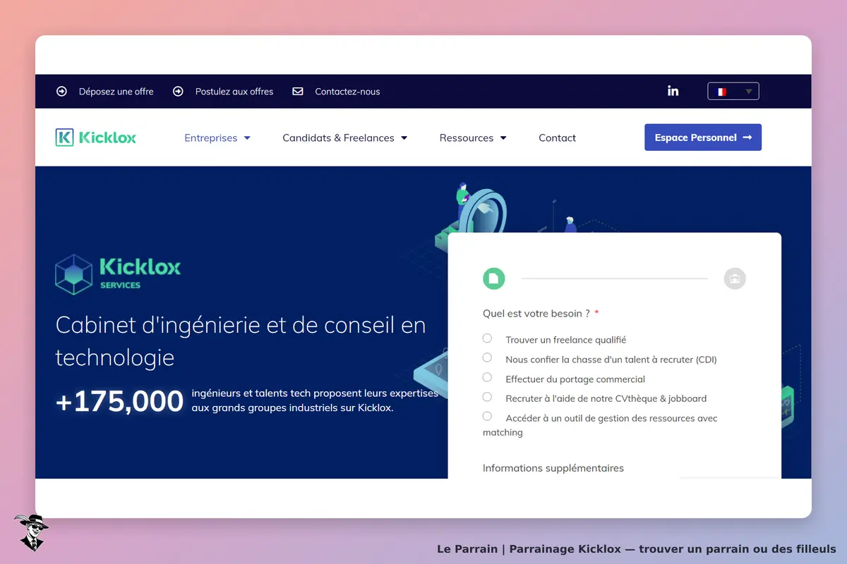 Kicklox : page d'accueil avec un formulaire pour définir un besoin en freelance ou recrutement