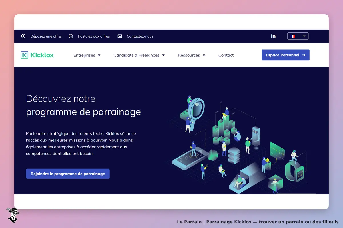 Kicklox : page d'accueil présentant le programme de parrainage avec illustrations et texte