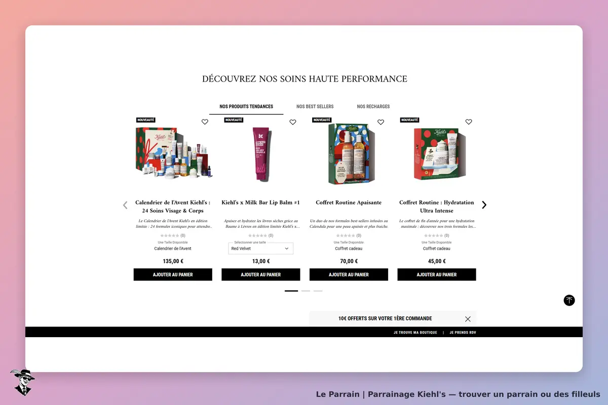 Kiehl's : page d'accueil présentant des produits tendance et des coffrets de soins