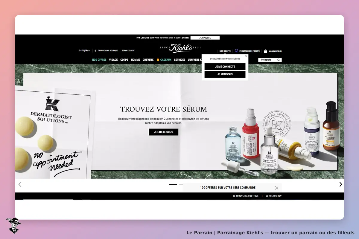 Kiehl's : page d'accueil avec des sérums et un diagnostic de peau en 2-3 minutes
