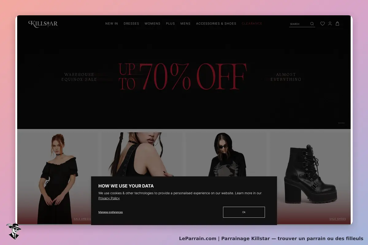Killstar : page d'accueil avec divers produits et une bannière promotionnelle en haut