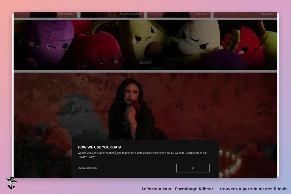 Killstar : page d'accueil avec des peluches colorées et une femme posant avec une rose