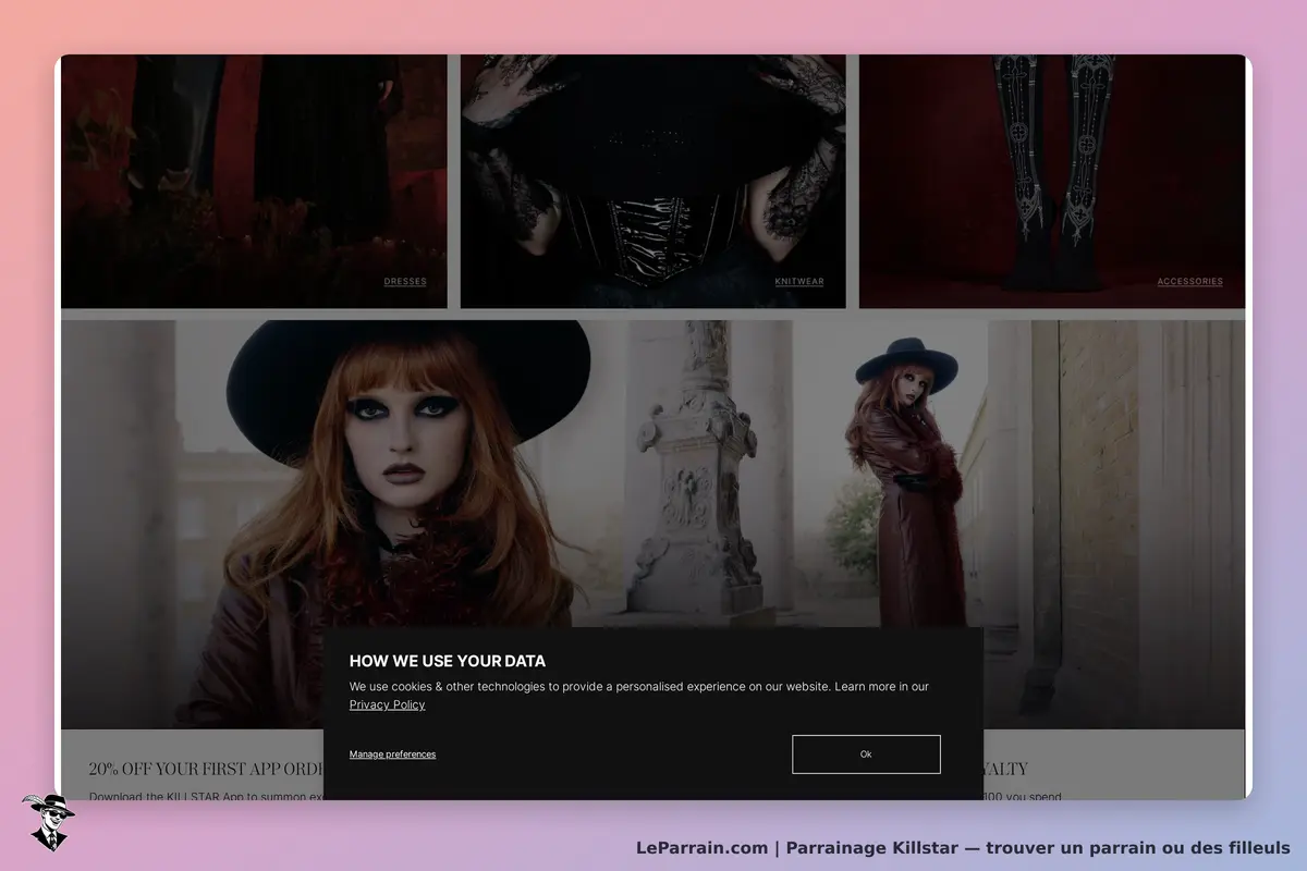 Killstar : page d'accueil avec des vêtements et un message sur l'utilisation des données