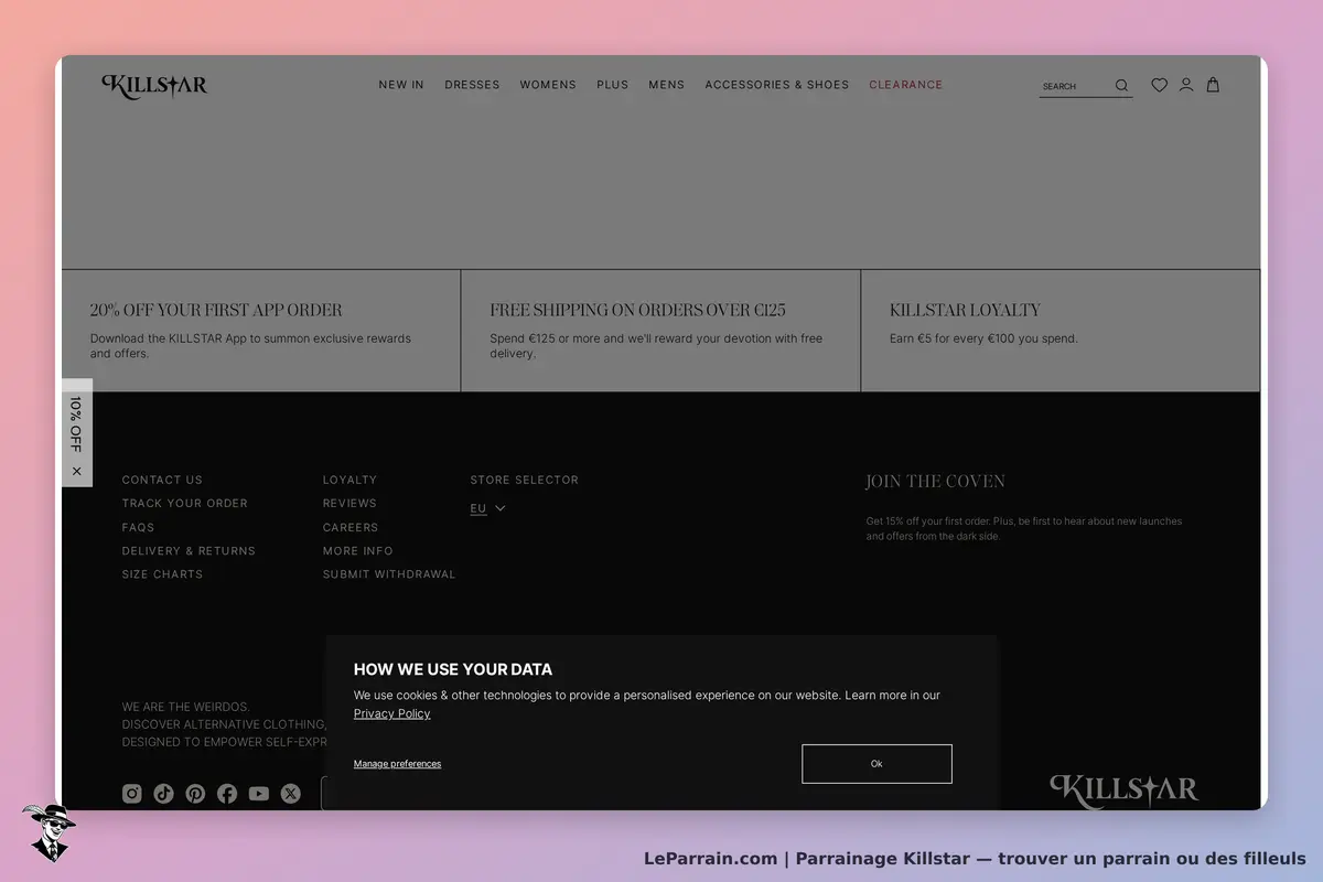 Killstar : page d'accueil avec promotions et options de navigation en bas de l'écran