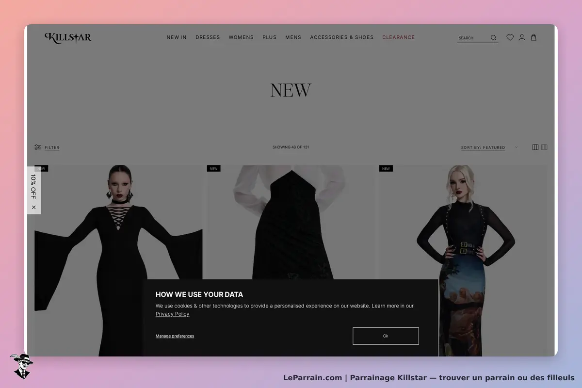 Killstar : page de catégorie affichant des robes avec un message sur l'utilisation des données