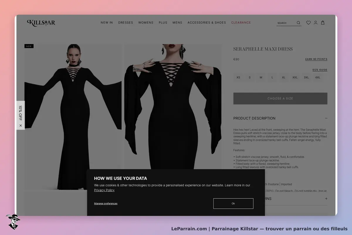 Killstar : affichage d'une robe noire avec un décolleté en V et des manches évasées