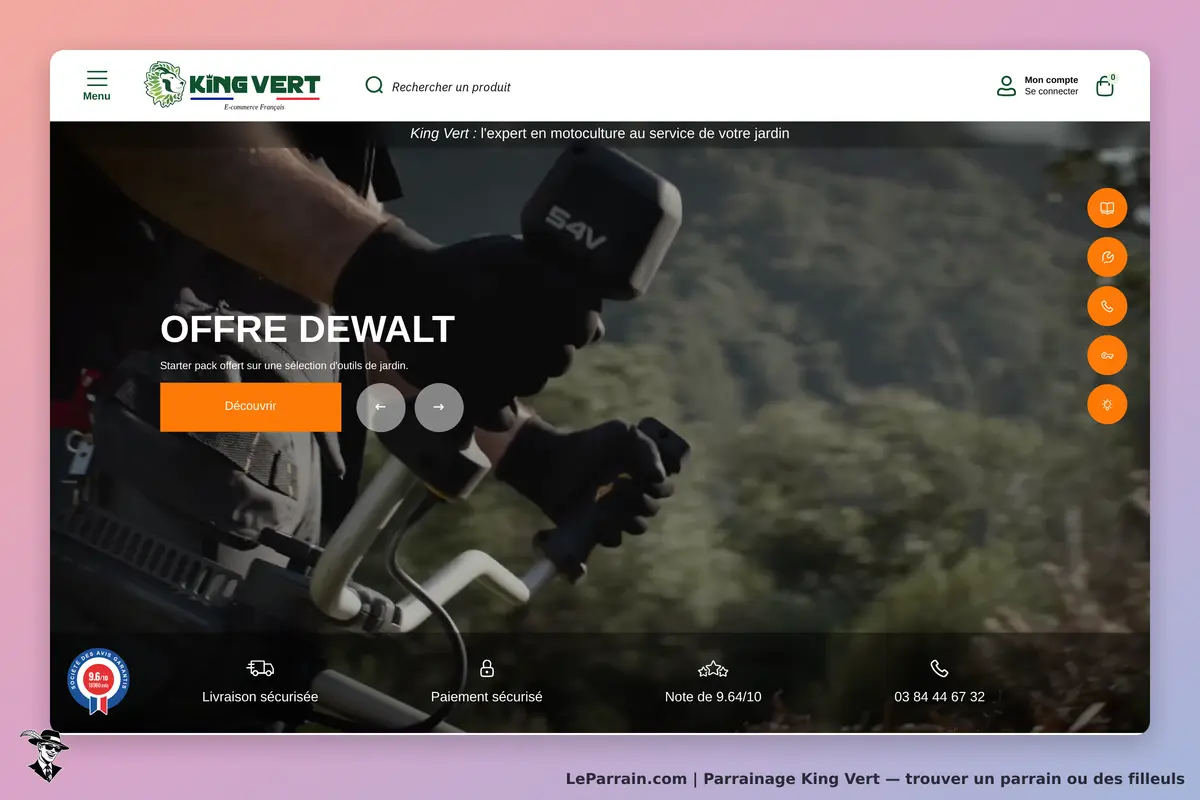 King Vert : page d'accueil avec offre Dewalt et image d'outil de jardin en action