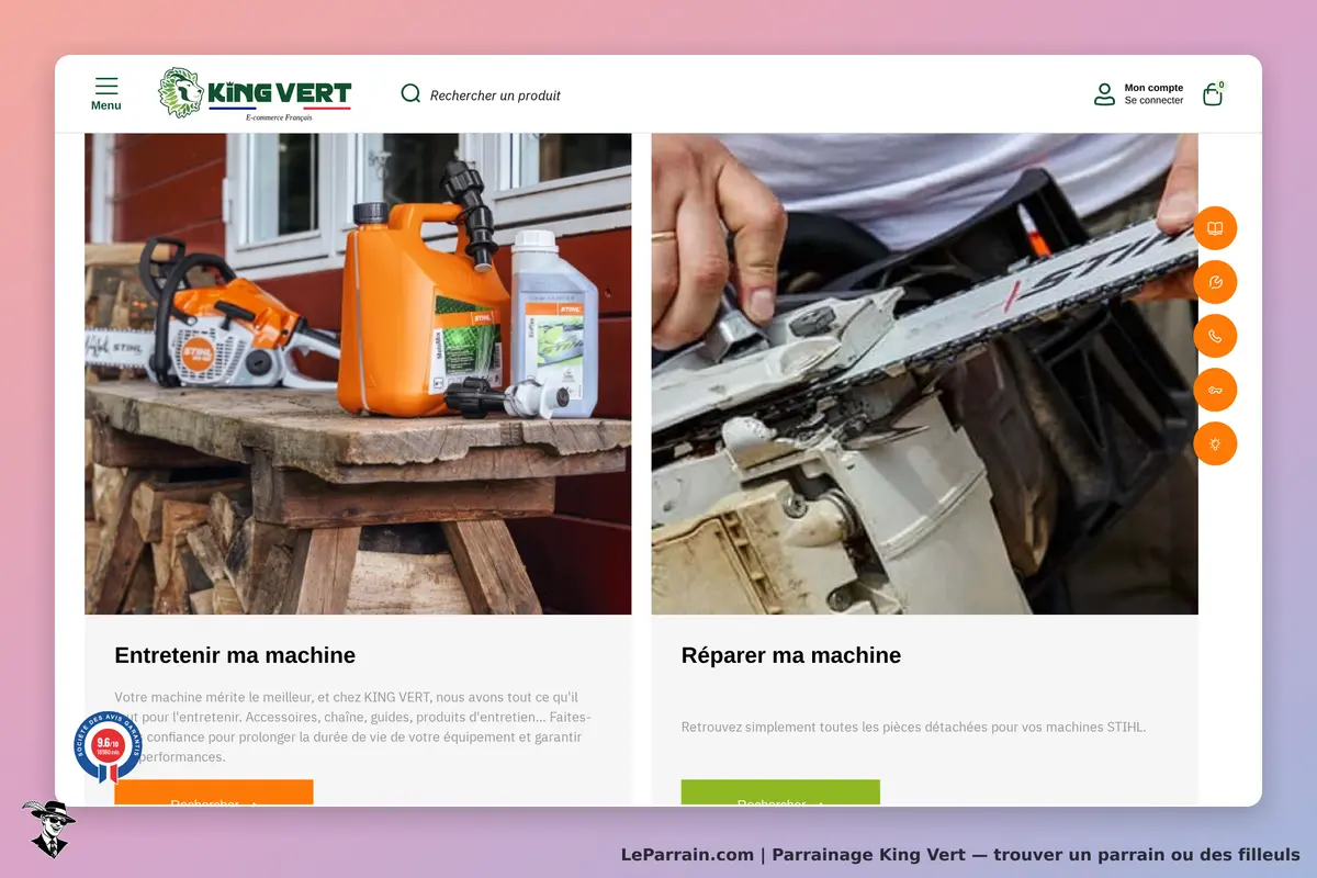 King Vert : page d'accueil avec outils de jardinage et options d'entretien et de réparation