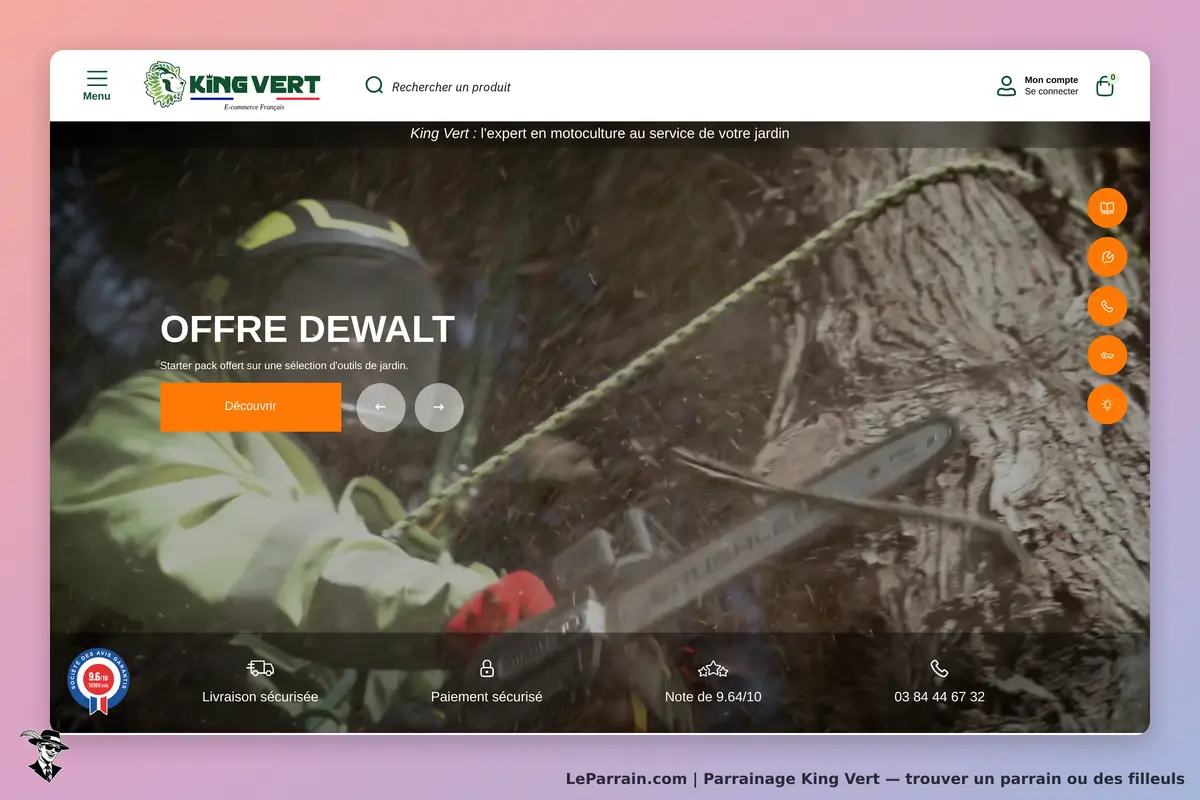 King Vert : page d'accueil avec une offre Dewalt et un visuel d'outils de jardin en action