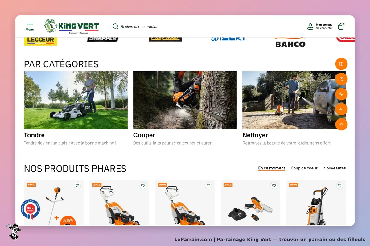 King Vert : catégories de produits avec images et descriptions, section produits phares en bas