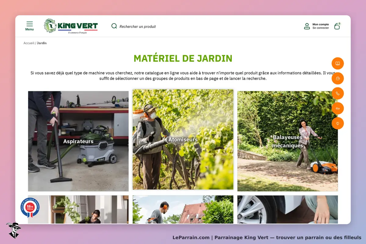 King Vert : catégorie "Matériel de jardin" avec divers équipements et groupes de produits affichés