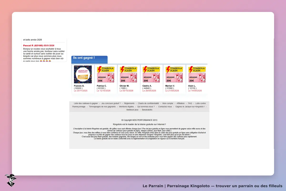 Kingoloto : page d'accueil présentant des gagnants et des jeux de loterie avec des images de prix