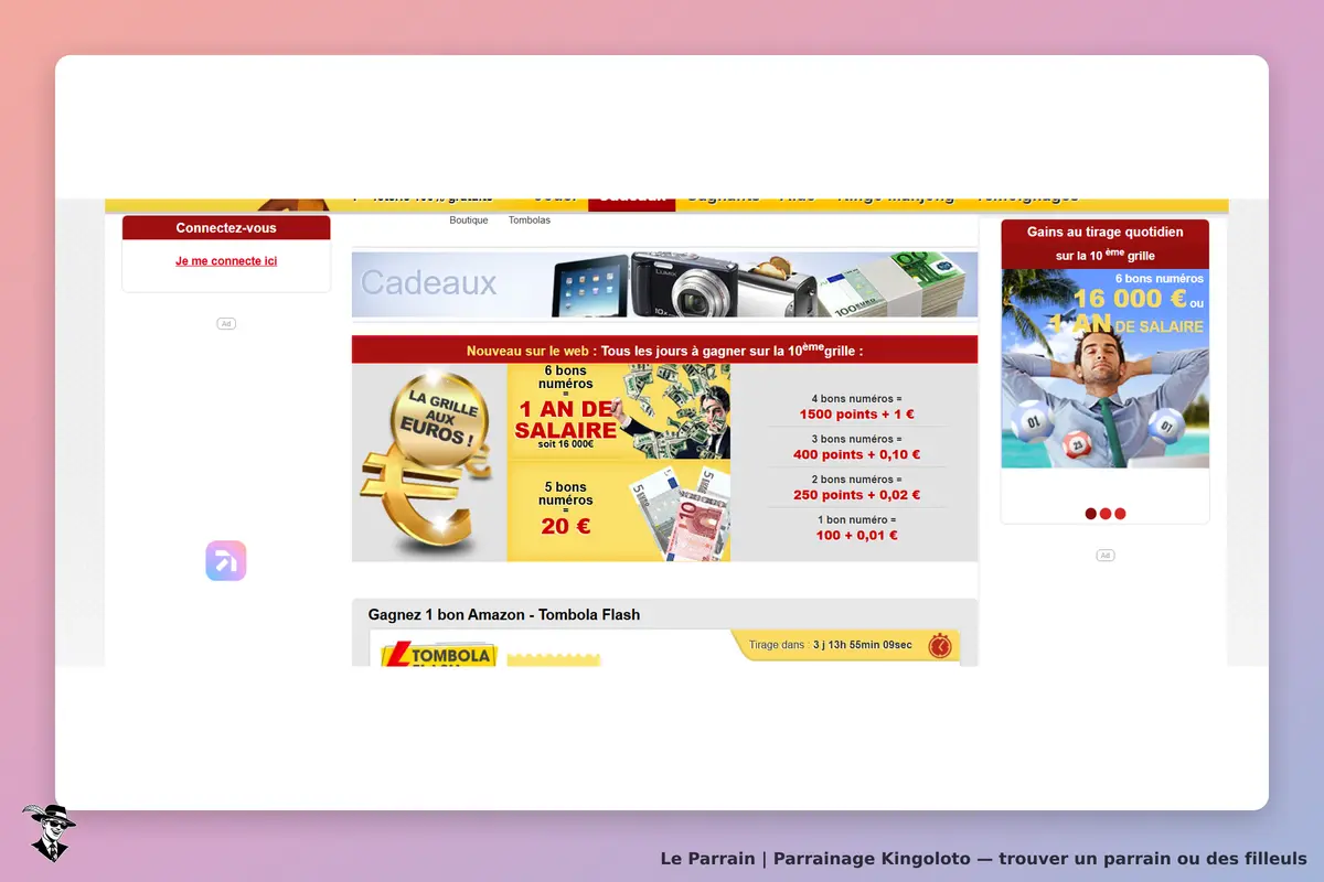 Kingoloto : page d'accueil avec promotions, cadeaux et informations sur les gains
