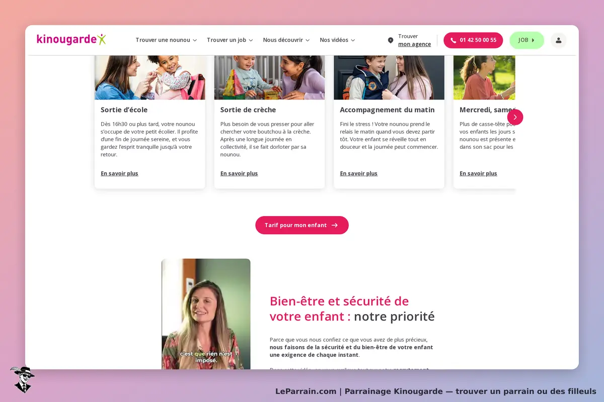Kinougarde : page d'accueil avec services de garde d'enfants et vidéo explicative